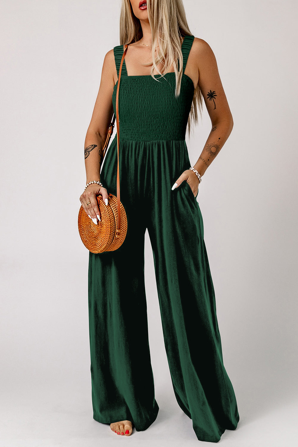 Solid Smocked Sleeveless Wide Leg Jumpsuit with Pockets