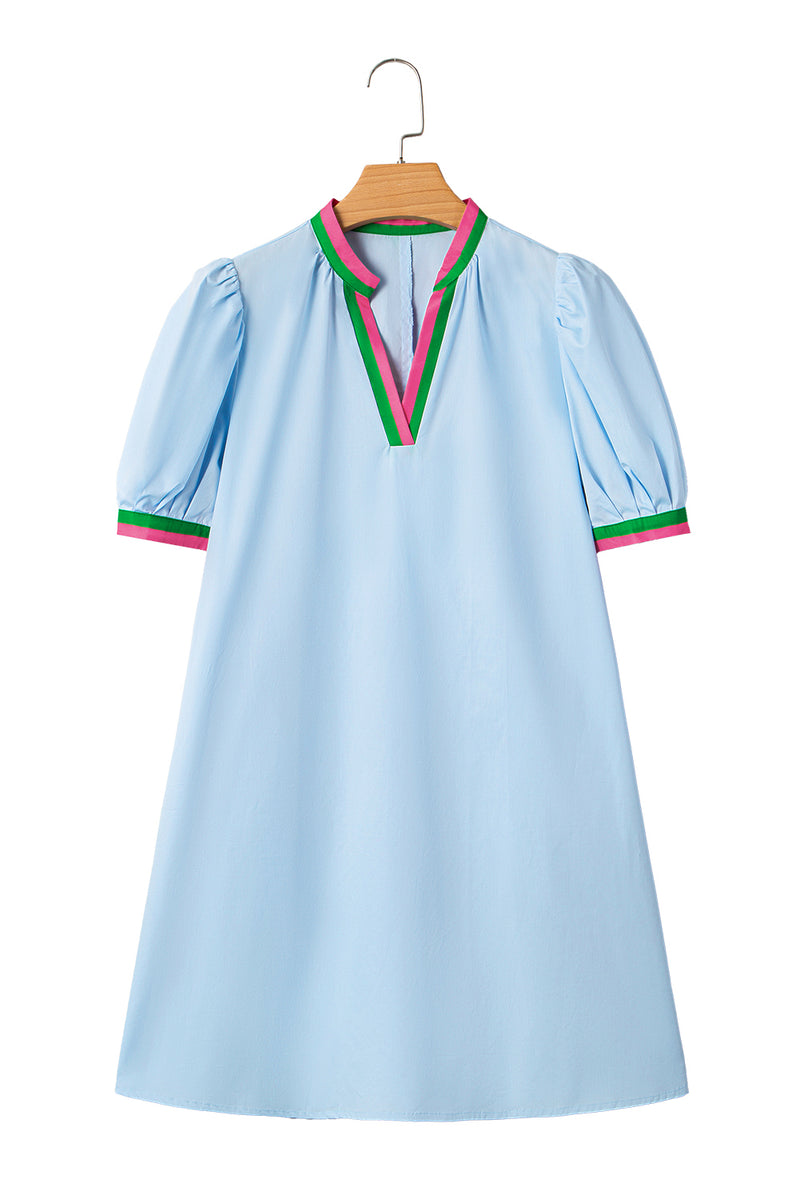 Contrast Striped Notched V Neck Puff Sleeve Mini Dress