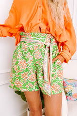 Floral Print Pocketed Front Knot High Waist Casual Shorts