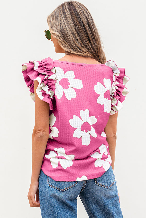 Floral Textured Ruffled Short Sleeve Square Neck Blouse