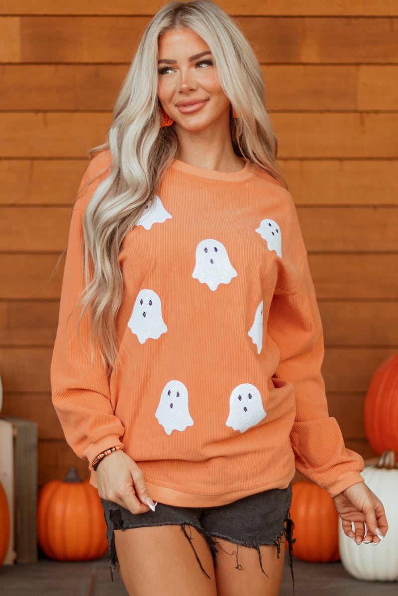 Twisted Ribbed Texture Halloween Ghost Sequin Patched Sweatshirt