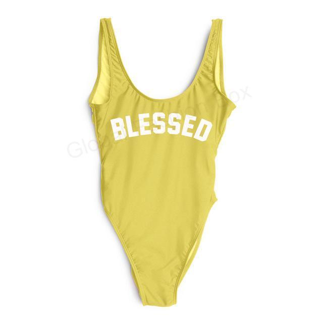 "BLESSED" Scoop Neck Graphic One-Piece Swimsuit