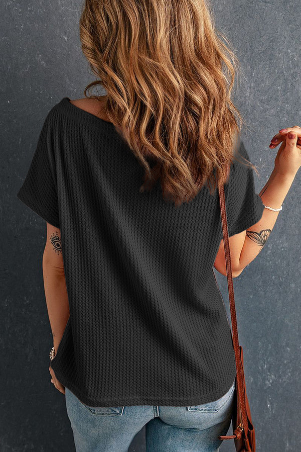 Solid Waffle Knit Boat Neck Short Sleeve Top