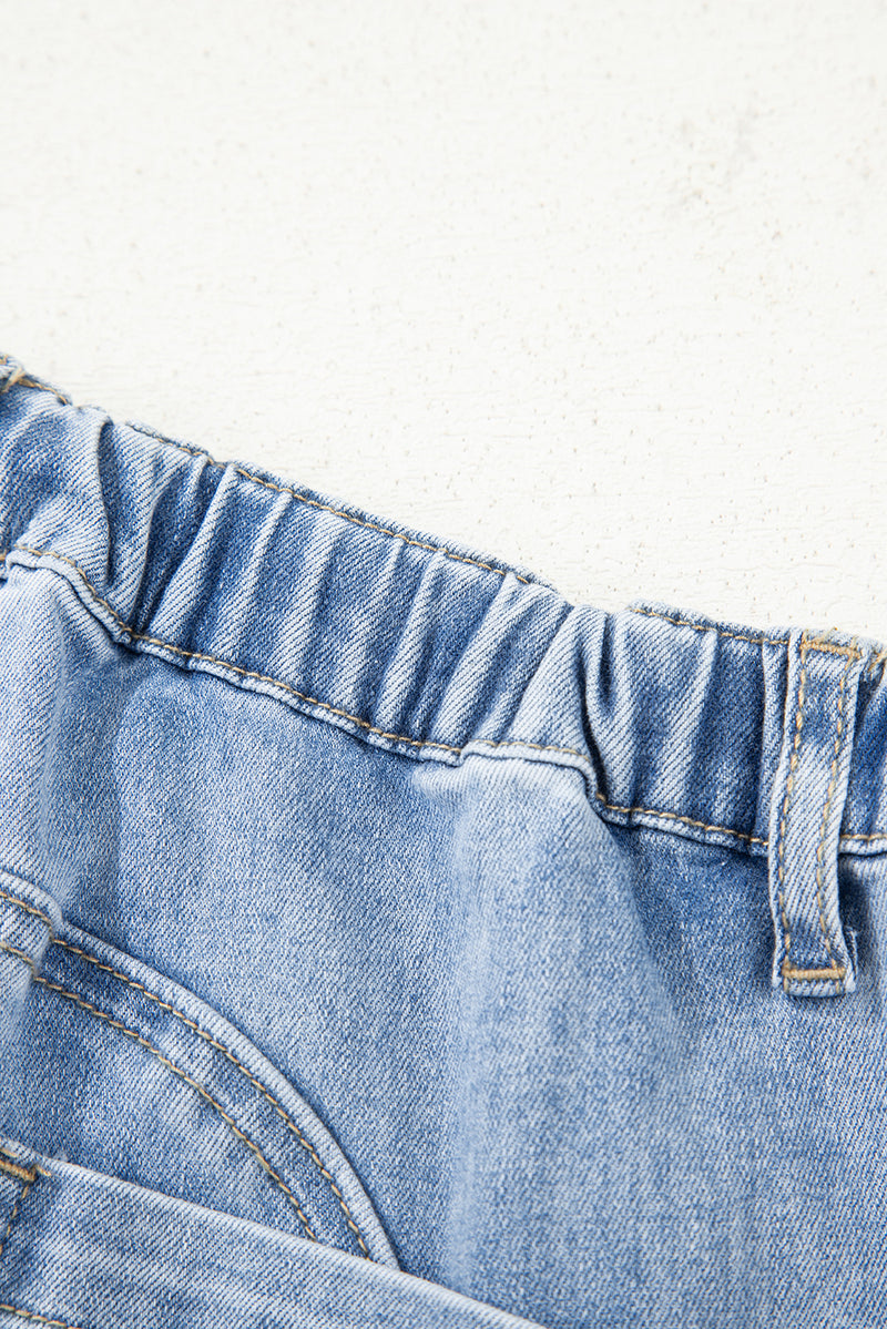 Drawstring Seam Detail Raw Hem Wide Leg Denim Pants