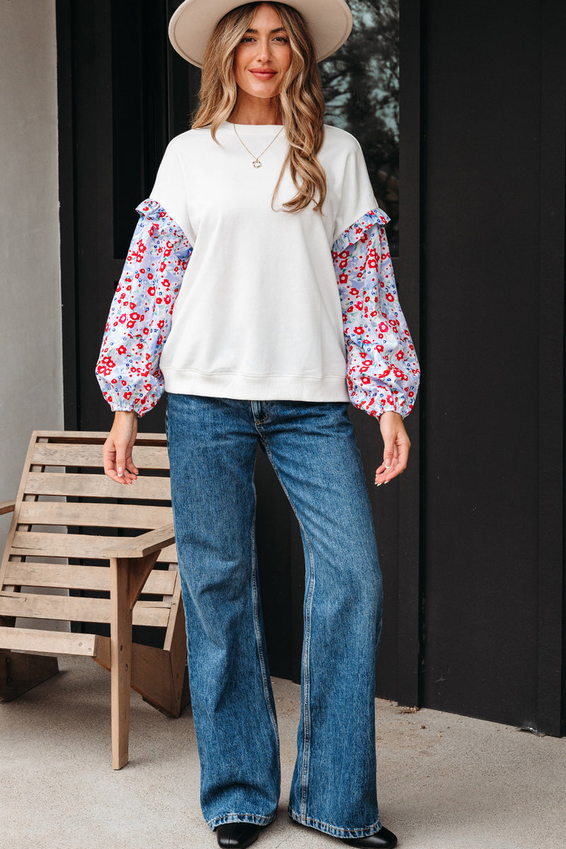 Floral Ruffled Balloon Sleeve Patchwork Loose Blouse