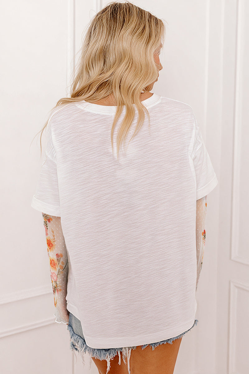 Solid Faux Two Piece Floral Long Sleeve Patchwork Tee