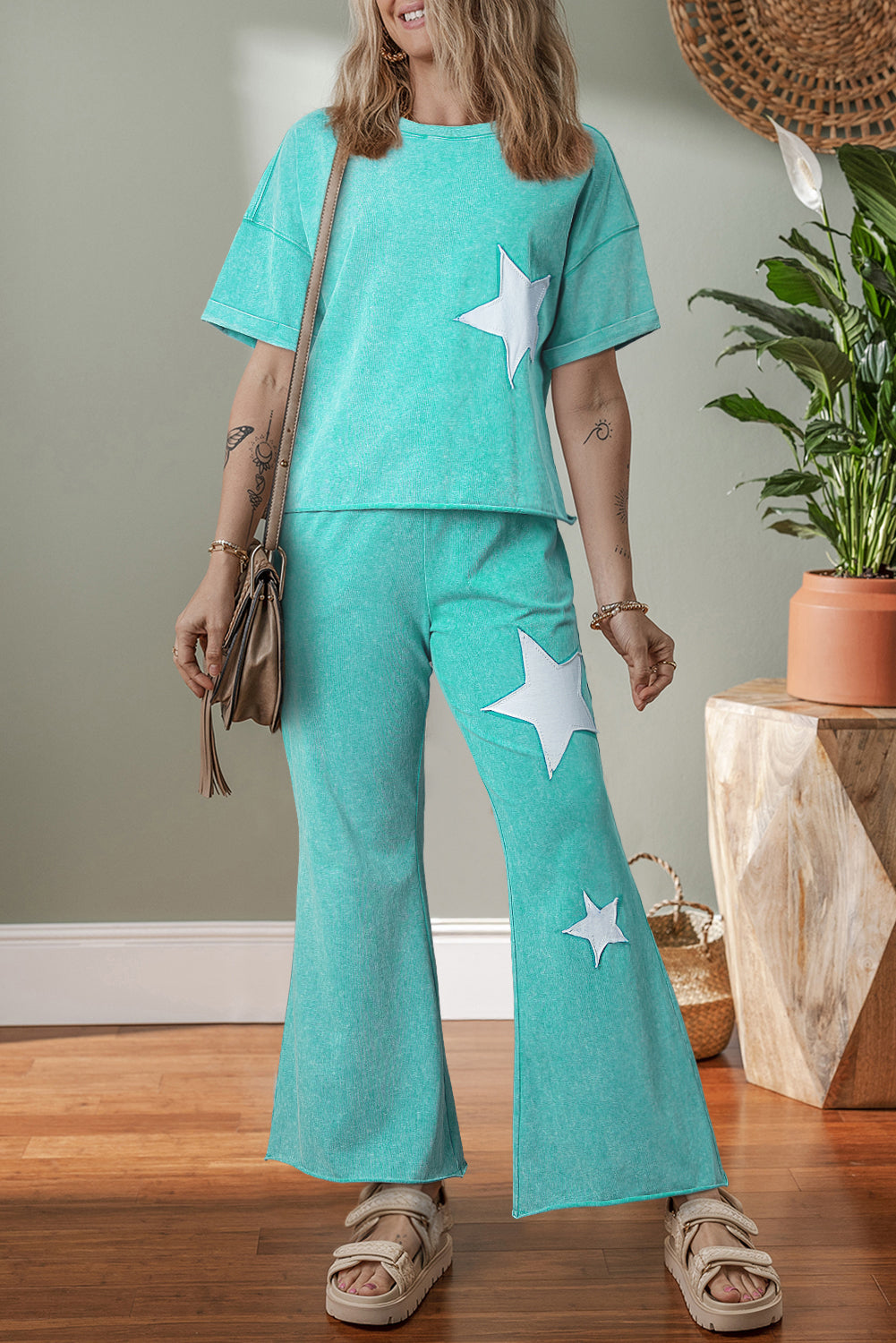 Acid Wash Star Patched Rolled Trim Pants Set