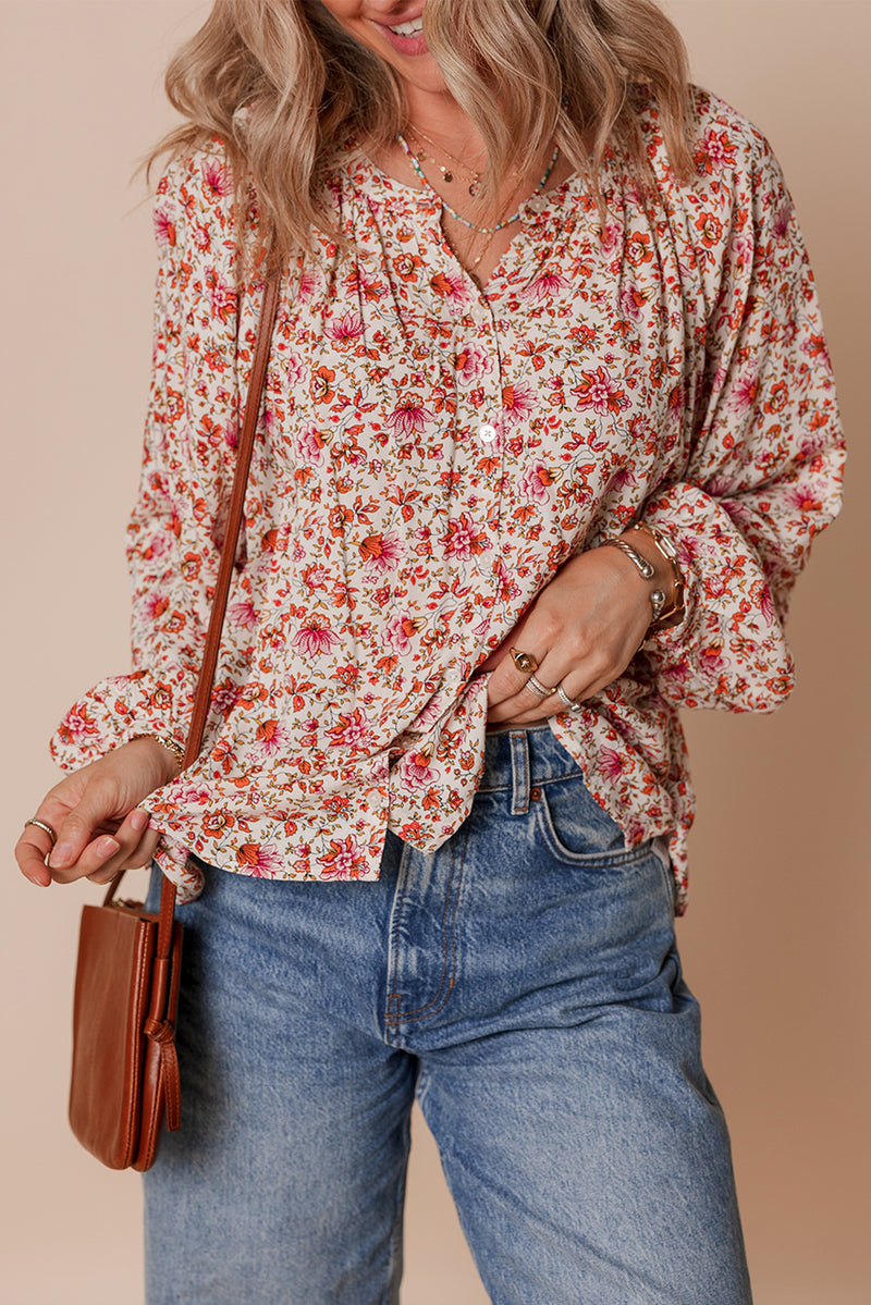 Floral Print Pleated Detail Notched Neck Puff Sleeve Blouse