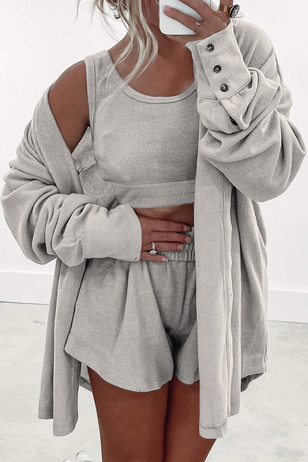 Crop Tank Top Shorts with Cardigan Lounge Set