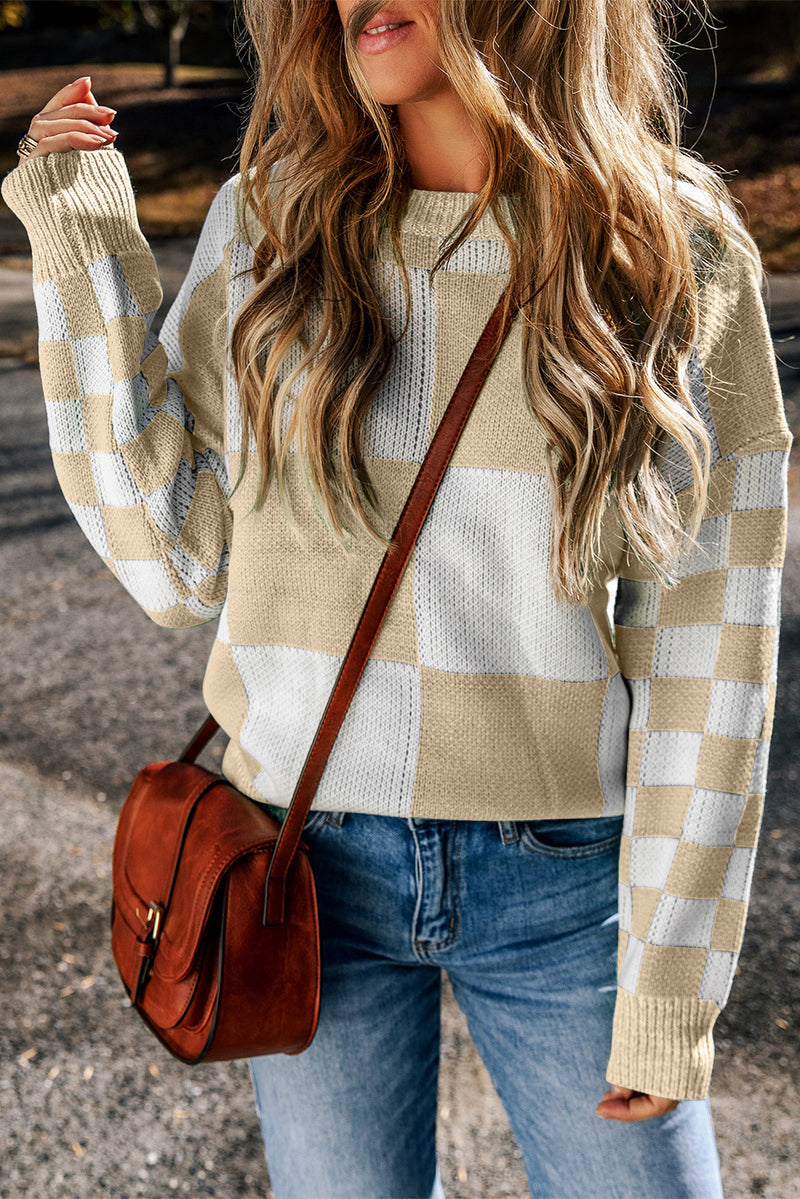 Pale Khaki kCheckered Print Drop Shoulder Sweater