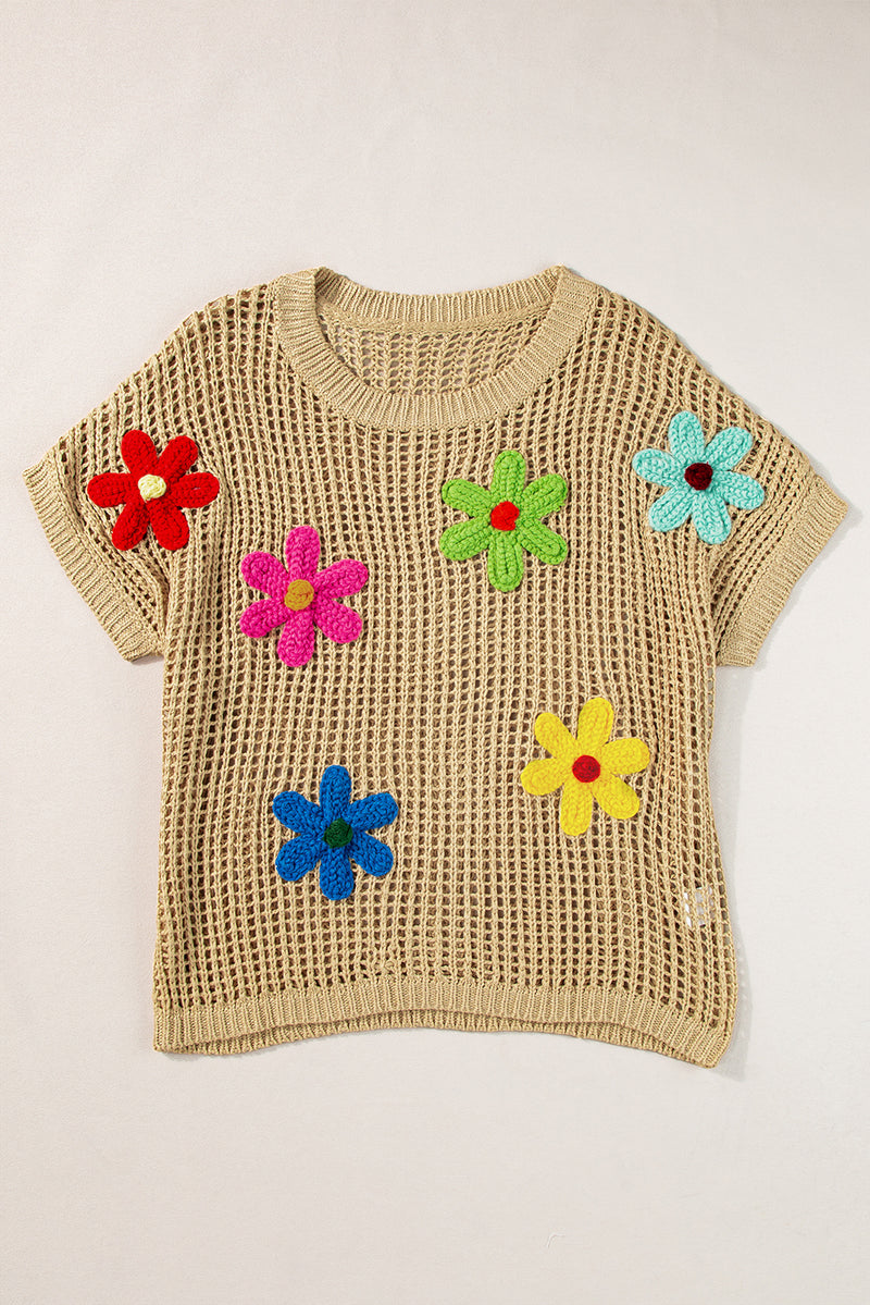 Beige Crochet Flower Hollow-out Sweater T Shirt