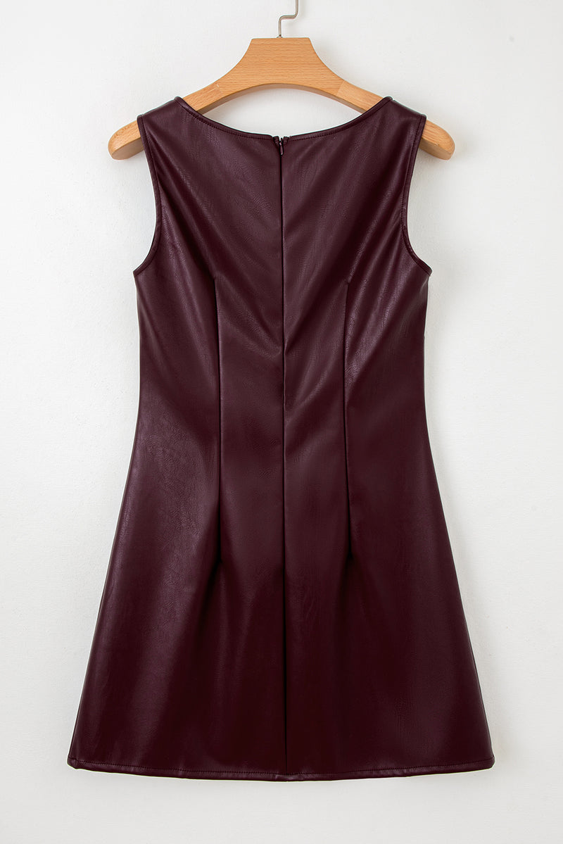 Brown Vegan Leather Sleeveless Mini Dress