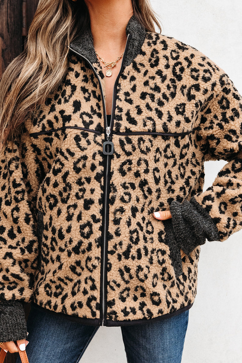 Leopard Print Zip Up Stand Neck Side Pocket Jacket