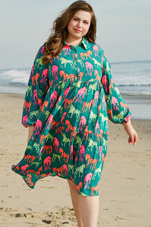 Horse Printed Long Sleeve Collared Buttoned Plus Size Midi Dress