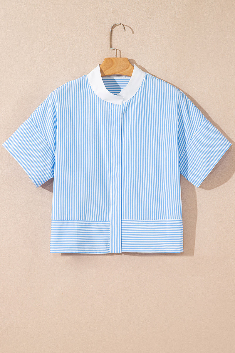 Sky Blue Stripe Contrast Collar Patchwork Hidden Button Short Sleeve Summer Shirt