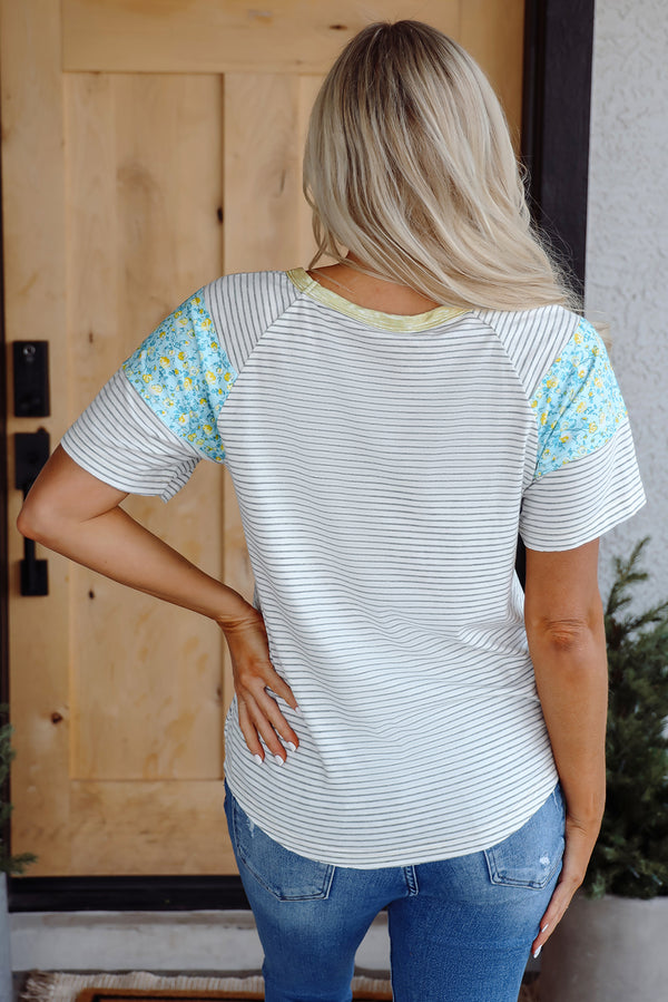 Stripe Floral Insert Sleeves Contrast Round Neck Tee