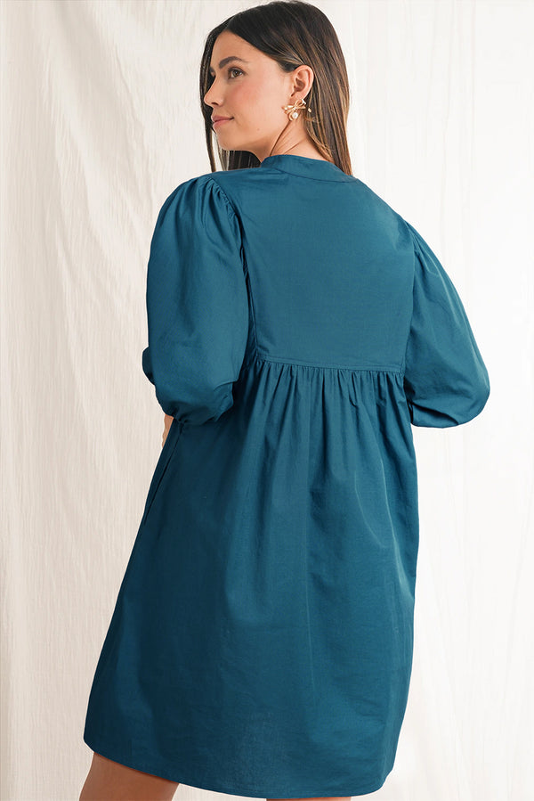 Blue Sapphire Color block Split V Neck Puff Sleeve Mini Dress
