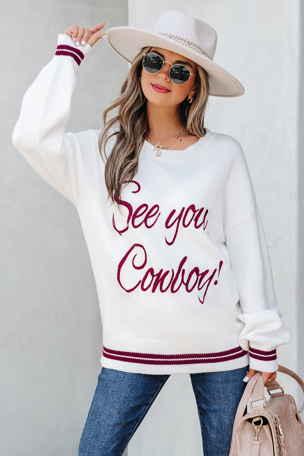 See You Cowboy Embroidered Western Graphic Sweater