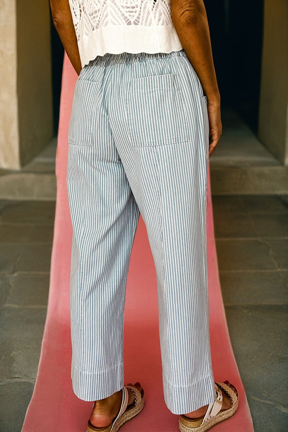 Stripe Mid Rise Drawstring Waist Jeans