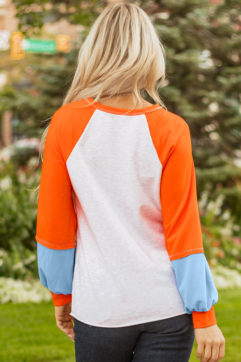 Color Block Raglan Sleeve Contrast Stitching Loose Fit Top