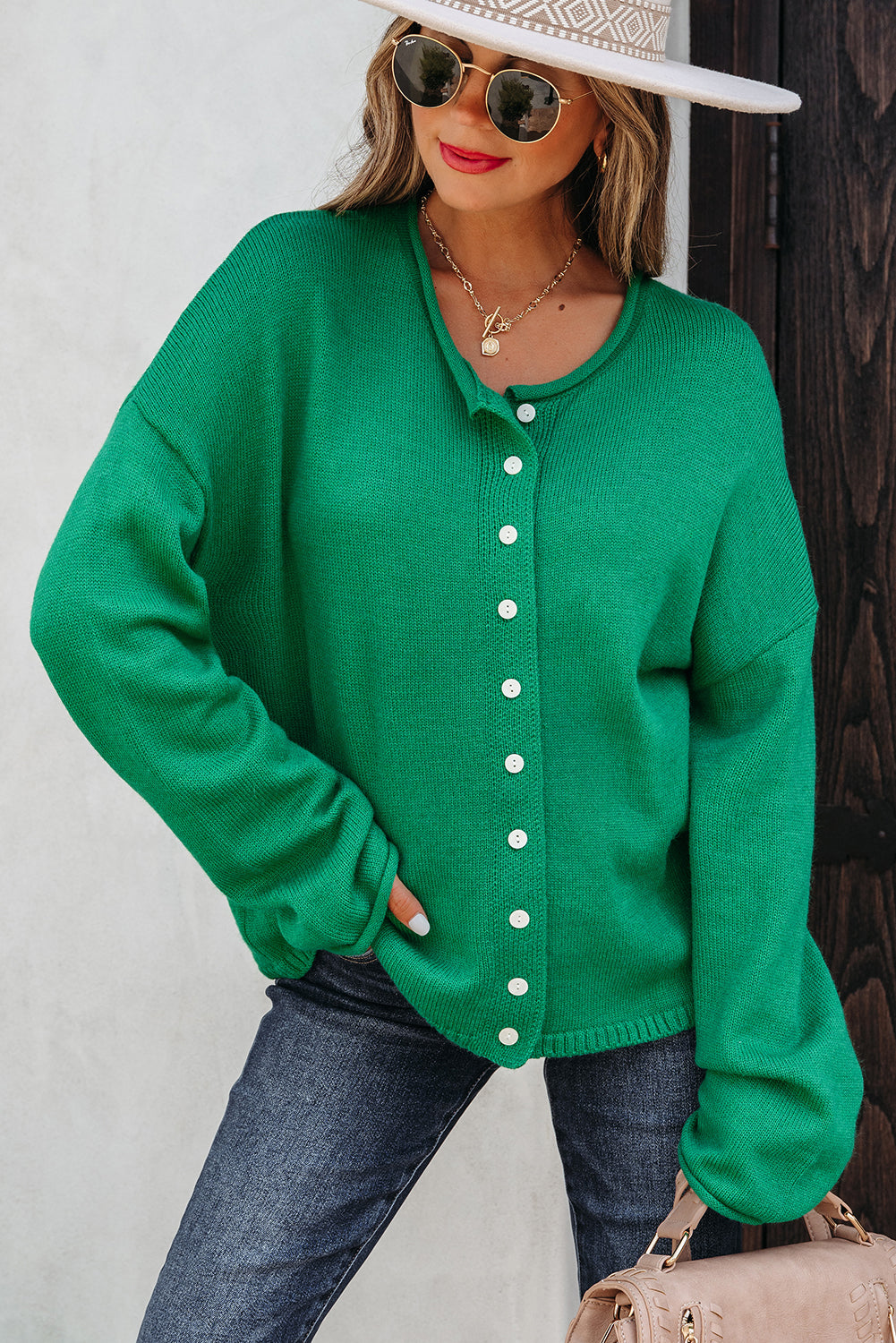 Solid Color Knit Button Drop Shoulder Sweater Cardigan