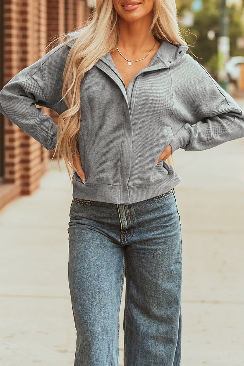 Waffle Splicing Zip Up Front Button Hooded Jacket