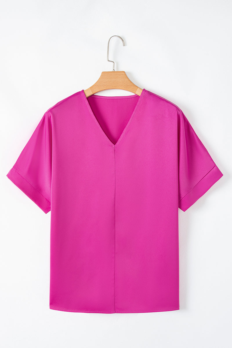 Silky V Neck Short Dolman Sleeve Blouse