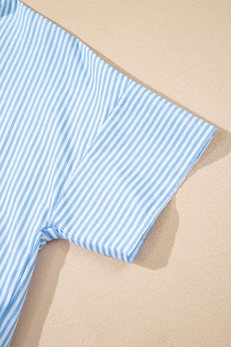 Sky Blue Stripe Contrast Collar Patchwork Hidden Button Short Sleeve Summer Shirt