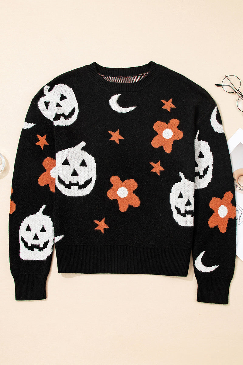 Halloween Mythical Night Pattern Drop Shoulder Sweater