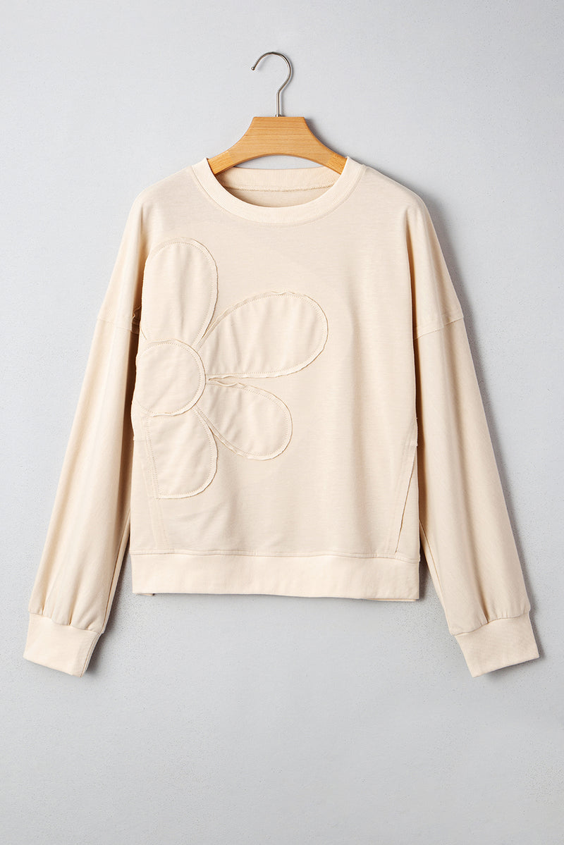 Raw Edge Flower Patch Drop Shoulder Casual Top
