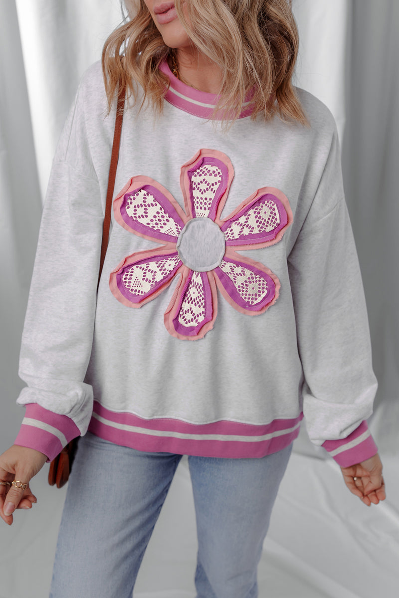 Flower Patch Contrast Trim Crew Neck Sweatshirt