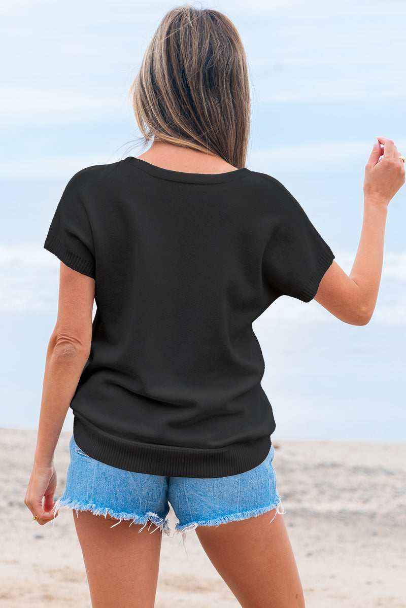 Bow Pattern Knit Short Sleeve Sweater