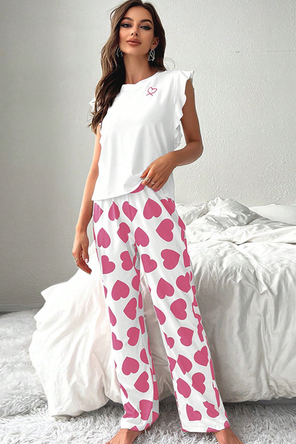 Ruffled Tank Top And Heart Print Pants Lounge Set