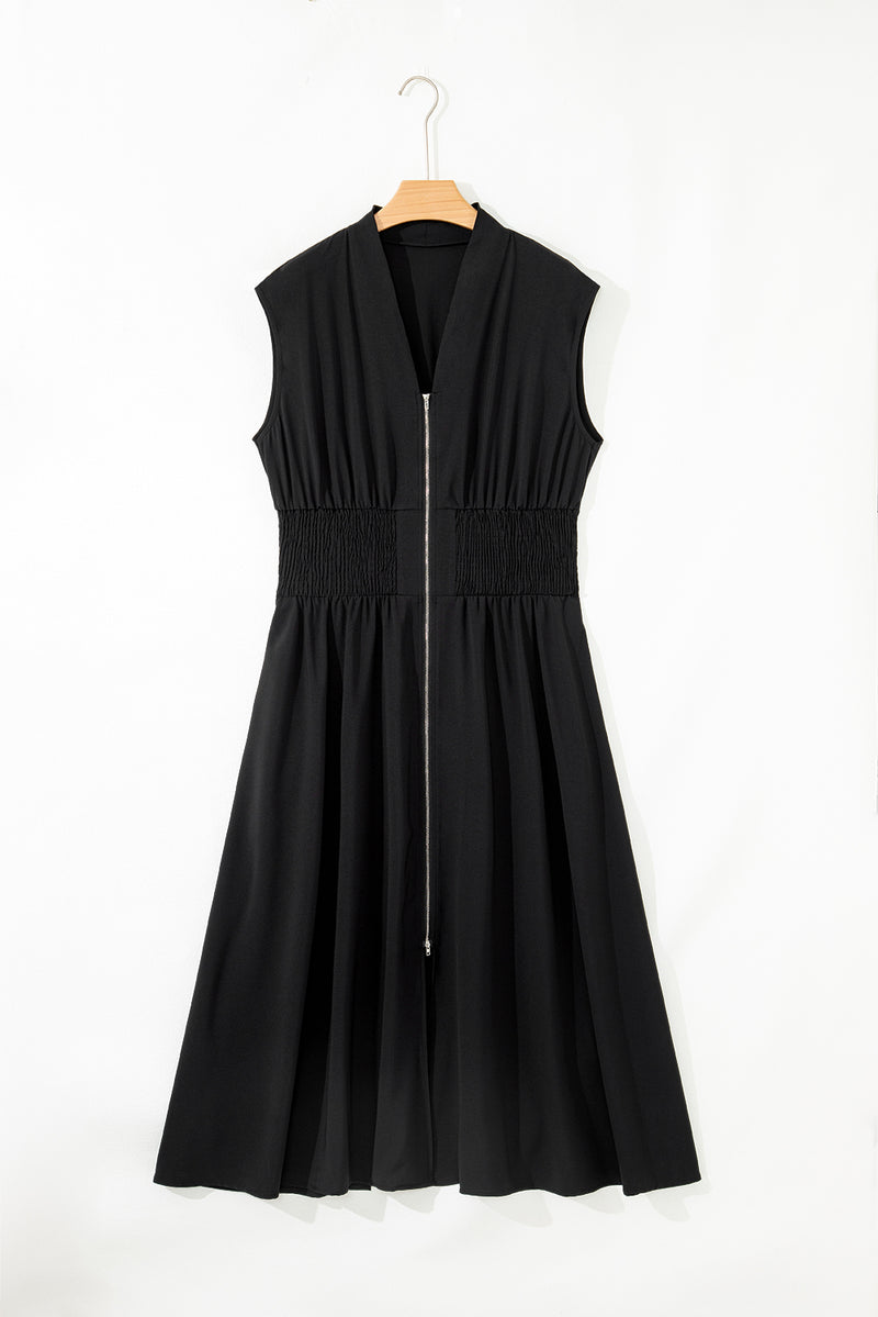 Sleeveless Zipped Front V Neck Shirred Waist Maxi Dress