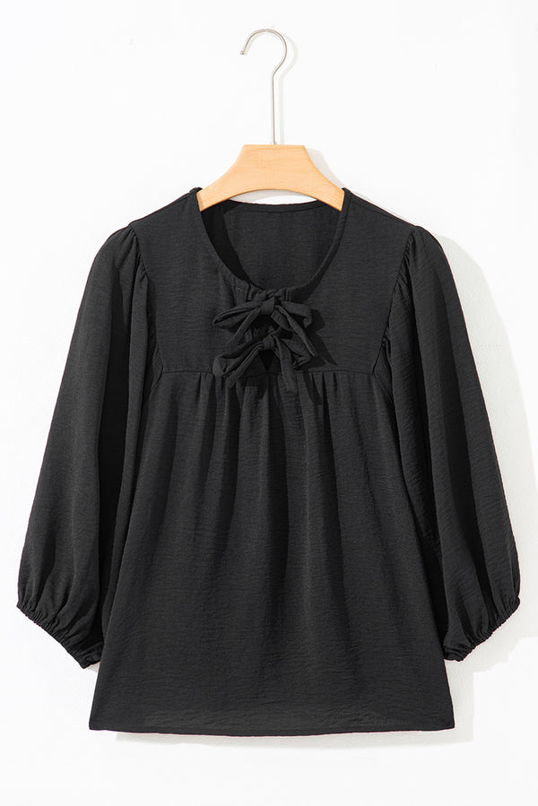 Bow Tie Neck 3/4 Sleeve Casual Blouse