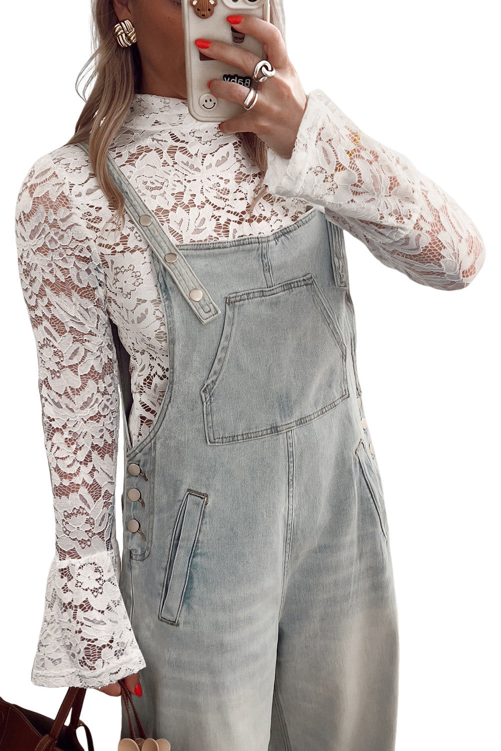 Lace Crochet Bell Sleeve Mock Neck Blouse