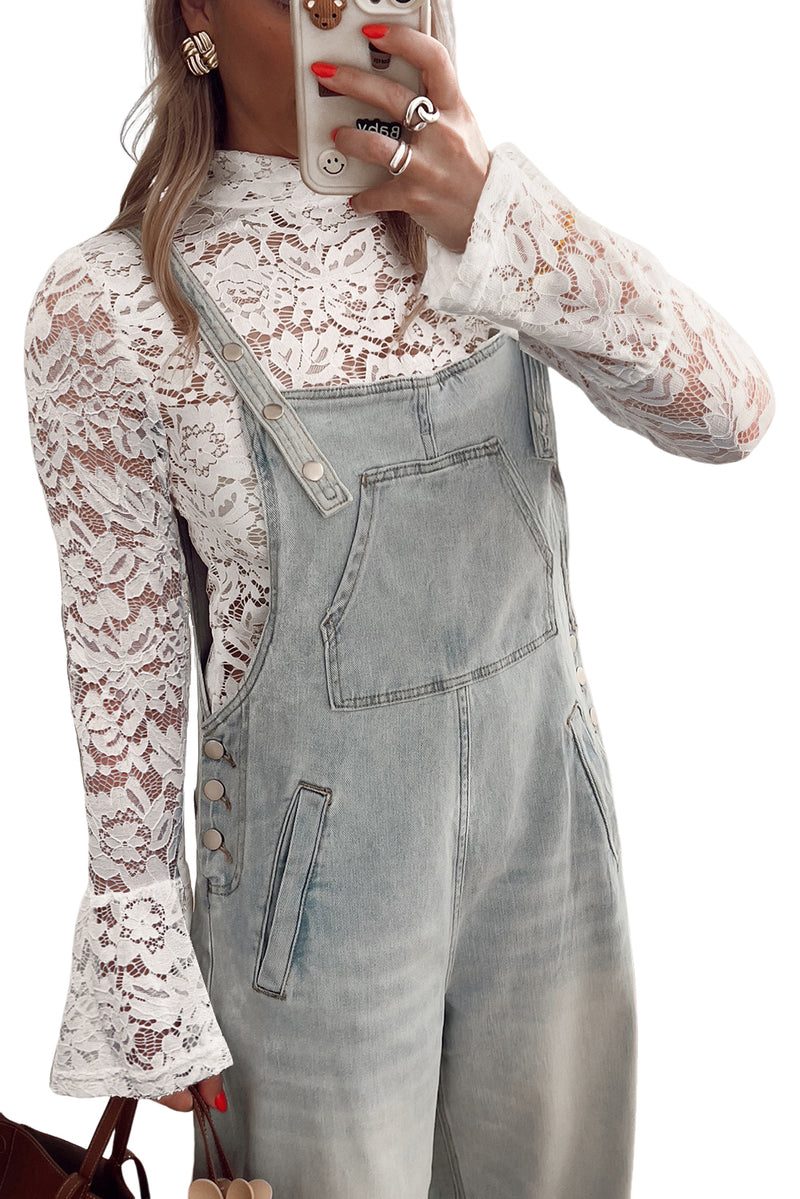 Lace Crochet Bell Sleeve Mock Neck Blouse