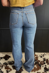 Button High Waist Piping Trim Bootcut Jeans