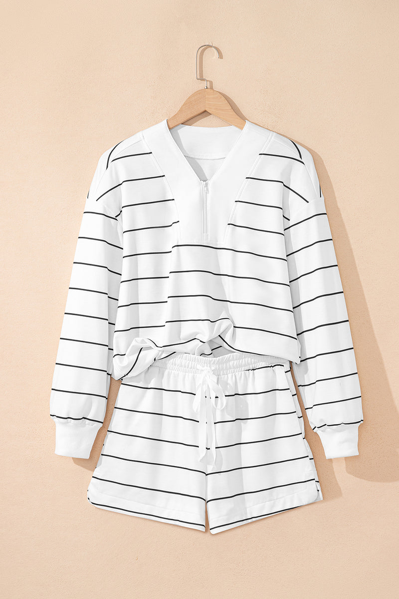Stripe Zip up Drop Shoulder Pullover and Short 2pcs Outfit