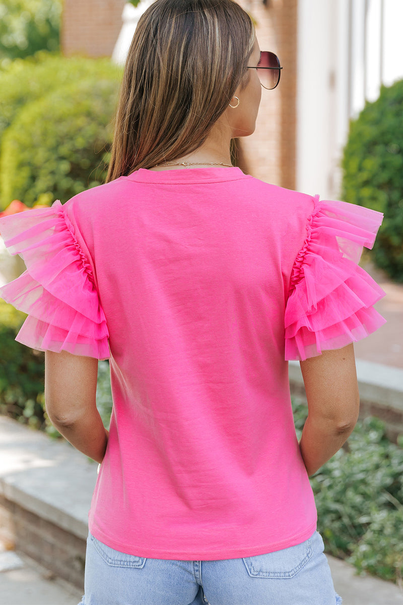 Trendy Solid Tulle Ruffle Sleeve Blouse