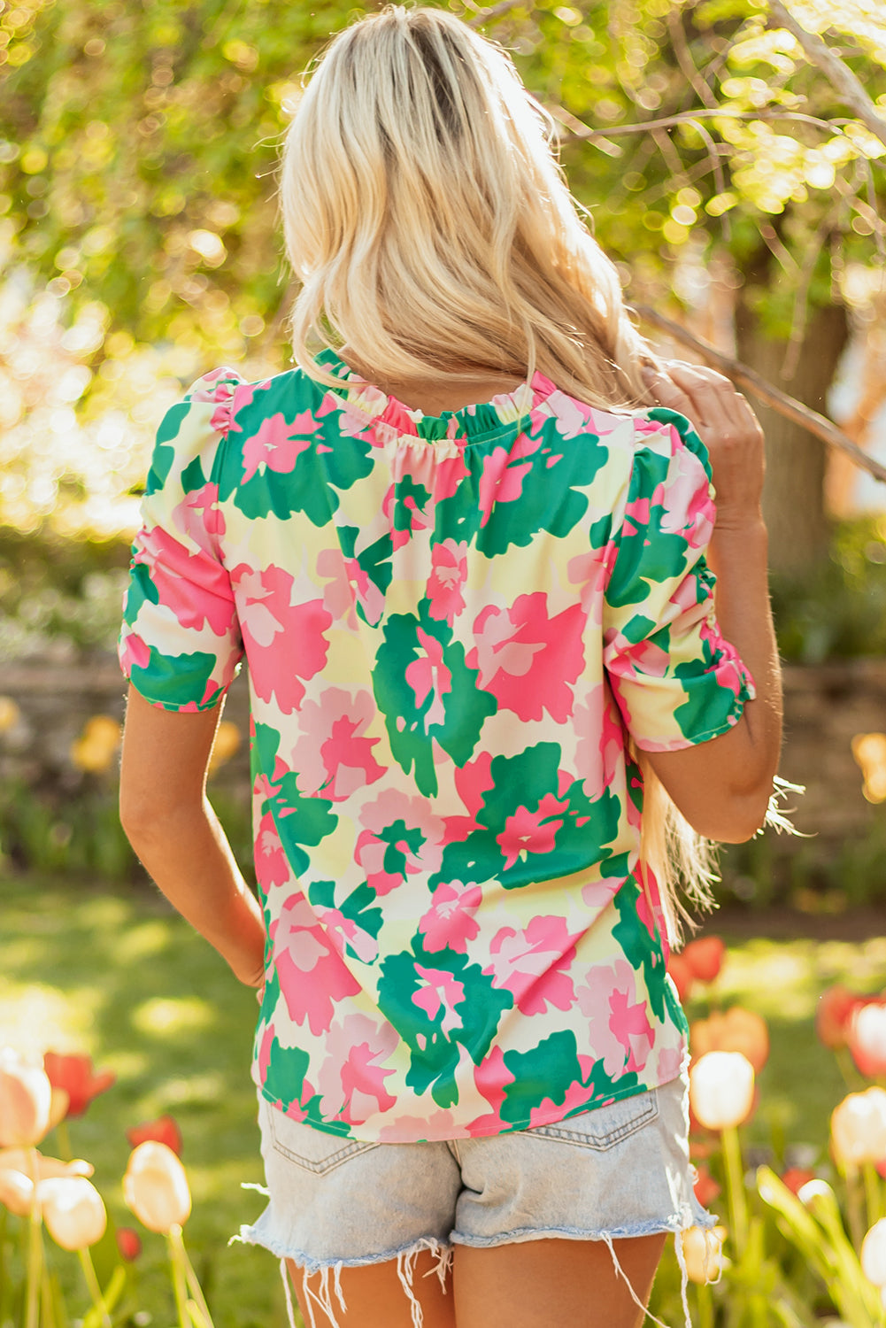 Abstract Print Frilly Neck Ruched Short Sleeve Blouse