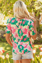 Abstract Print Frilly Neck Ruched Short Sleeve Blouse