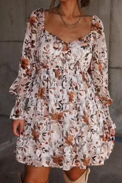 Floral Print Sweetheart Neck Long Sleeve High Waist Mini Dress
