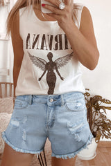High Rise Distressed Raw Hem Denim Shorts