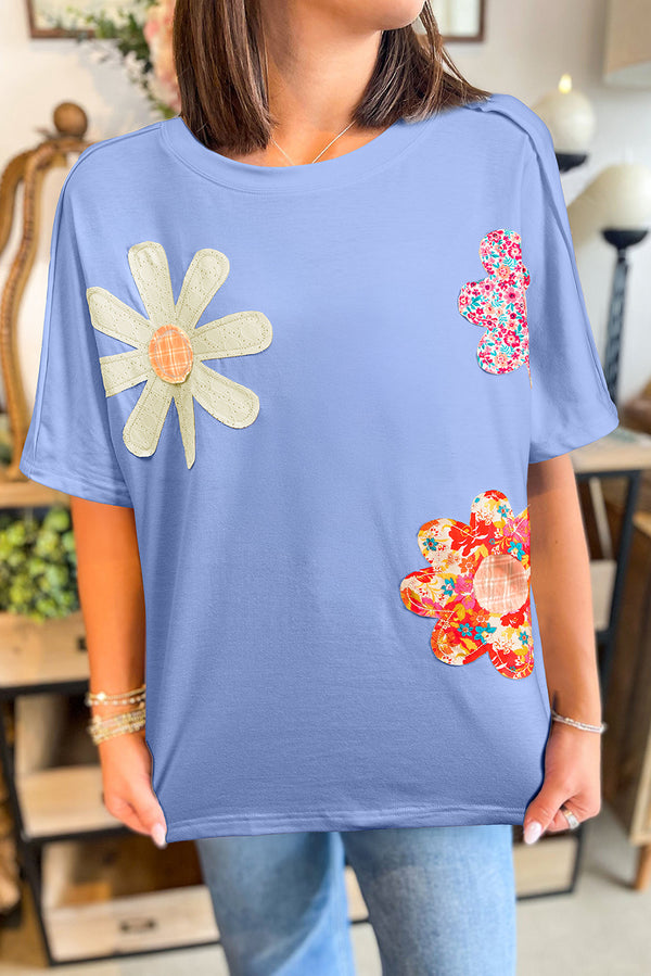 Flower Patched Exposed Stitching Trim Crew Neck Loose Tee