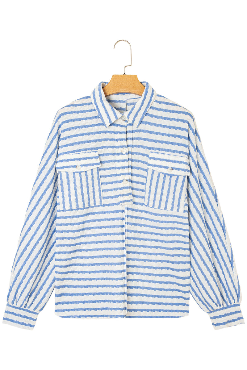 Stripe Half Button Collared Chest Pockets Loose Fit Blouse