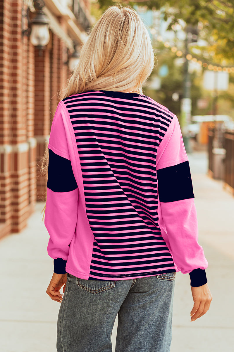 Stripe Color Block V Neck Loose Fit Long Sleeve Top