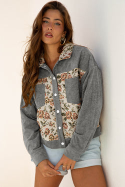 Ribbed Retro Floral Patchwork Shirt Style Jacket