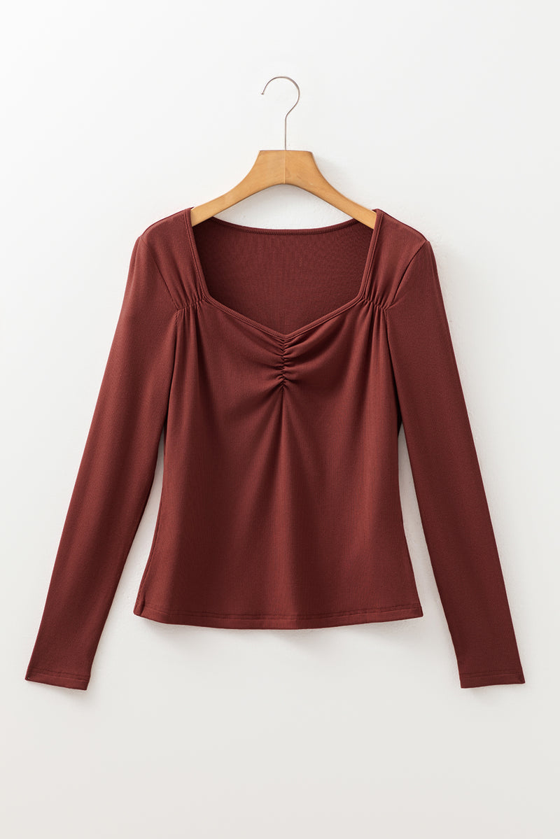 Gathered Bust Square Neck Ribbed Fit Long Sleeve Top