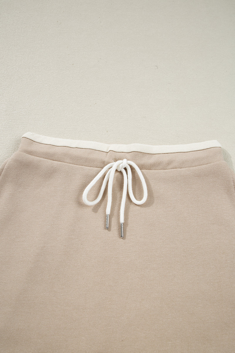 Edge Detail Colorblock Patchwork Cropped Pullover Drawstring Skirt Set